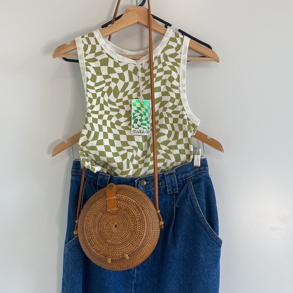 FUN GHANDA Green & White tank top size 10 retro groovy style with ghanda logo - Picture 8 of 10